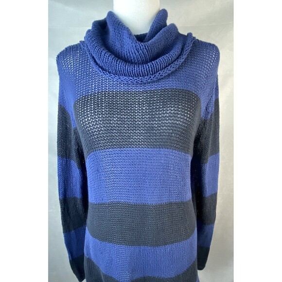 Wooden Ships Sweater M/L Open Knit Cowl Neck Blue Gray Striped Nautical Spring - Picture 2 of 13
